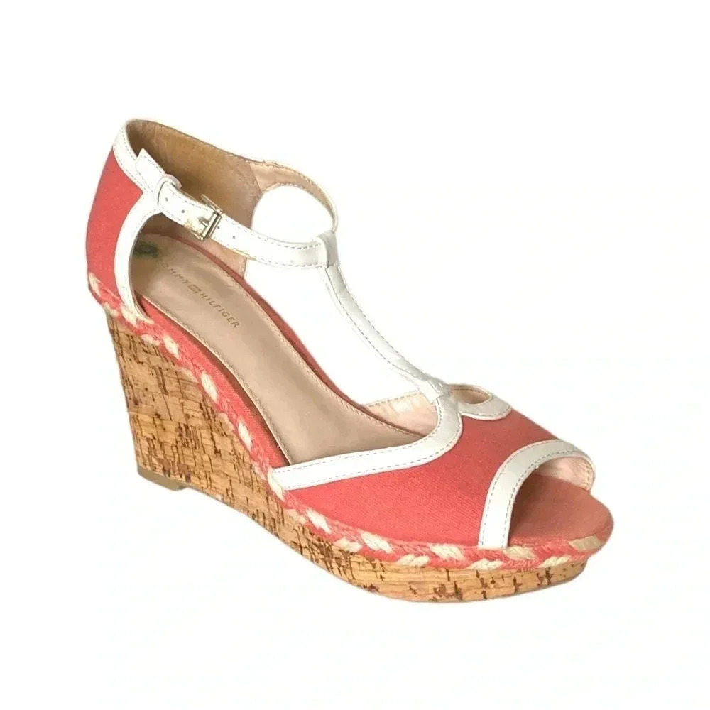 TOMMY HILFIGER | Women’s Dacey Coral Canvas Sandals Peep Toe Cork Wedge Size 8